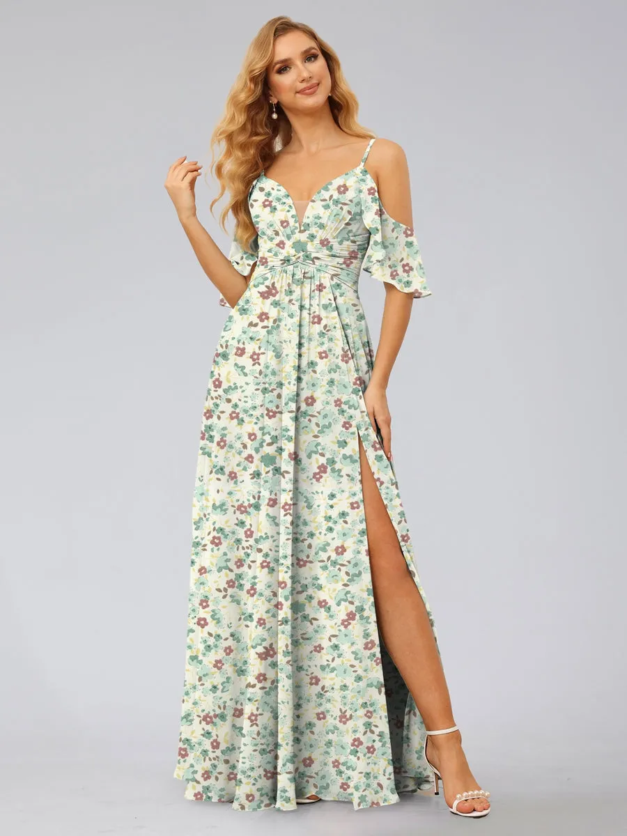 A-Line/Princess Cold Shoulder Short Sleeves Split Side Floral Bridesmaid Dresses sold by Lavetir