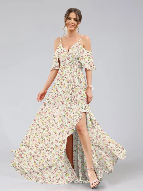 A-Line/Princess Cold Shoulder Short Sleeves Ruffles Floral Bridesmaid Dresses sold by Lavetir