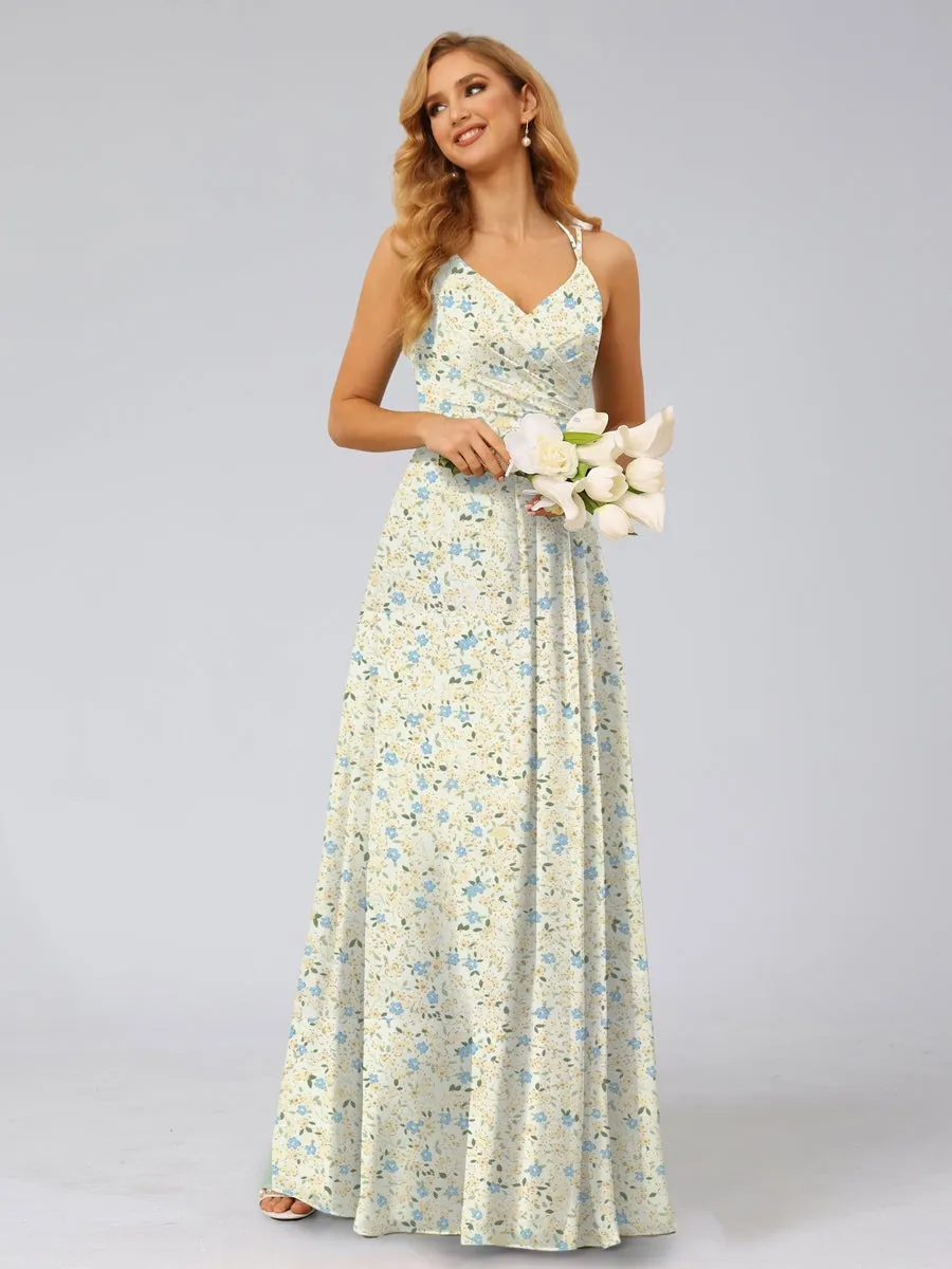 A-Line/Princess Halter Sleeveless Ruched Floral Bridesmaid Dresses sold by Lavetir