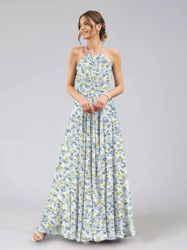 A-Line/Princess Halter Sleeveless Ruched Floral Bridesmaid Dresses sold by Lavetir