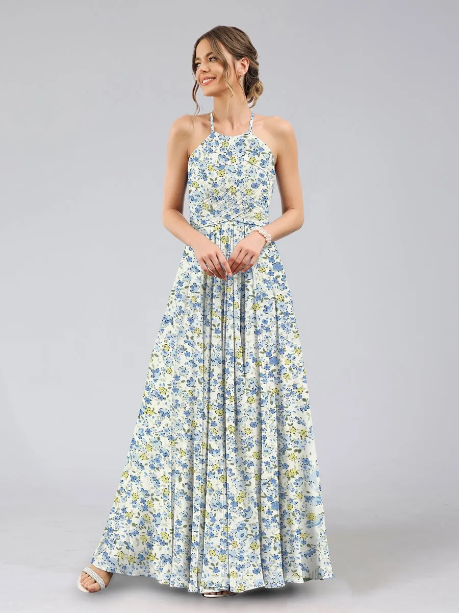 A-Line/Princess Halter Sleeveless Ruched Floral Bridesmaid Dresses sold by Lavetir