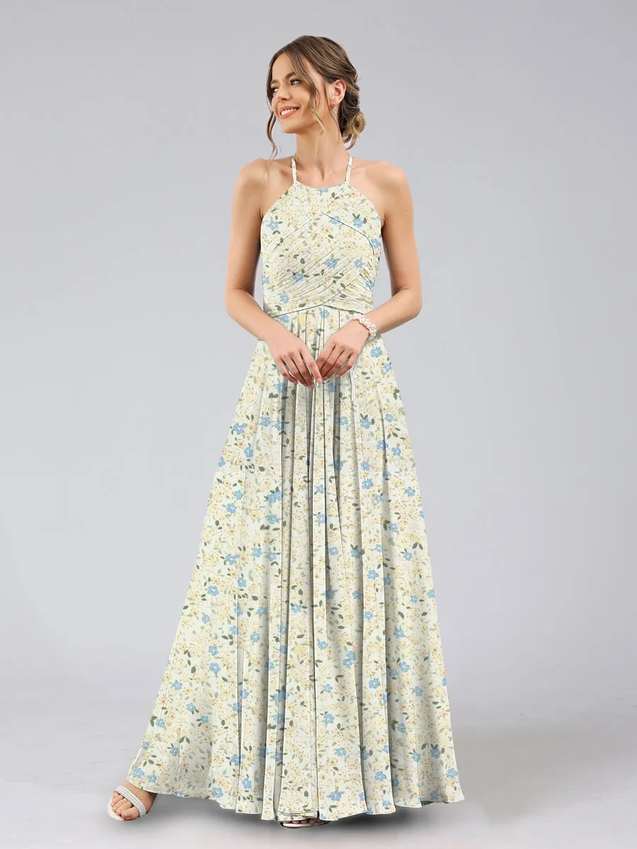 A-Line/Princess Halter Sleeveless Ruched Floral Bridesmaid Dresses sold by Lavetir product image thumbnail 3