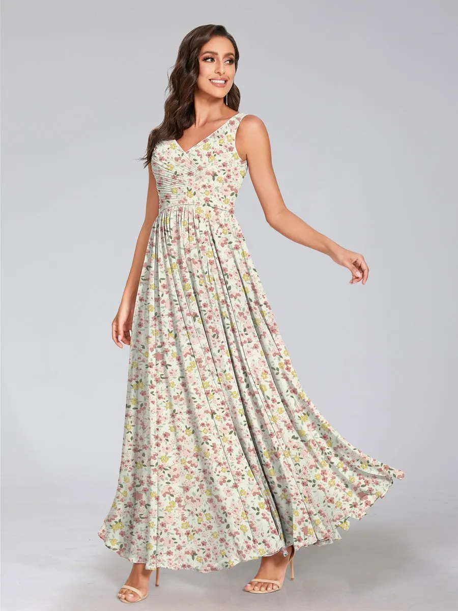 A-Line/Princess V-Neck Sleeveless Ruched Floral Bridesmaid Dresses sold by Lavetir product image thumbnail 3