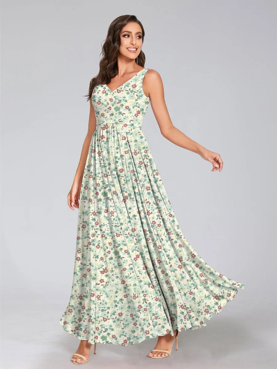 A-Line/Princess V-Neck Sleeveless Ruched Floral Bridesmaid Dresses sold by Lavetir