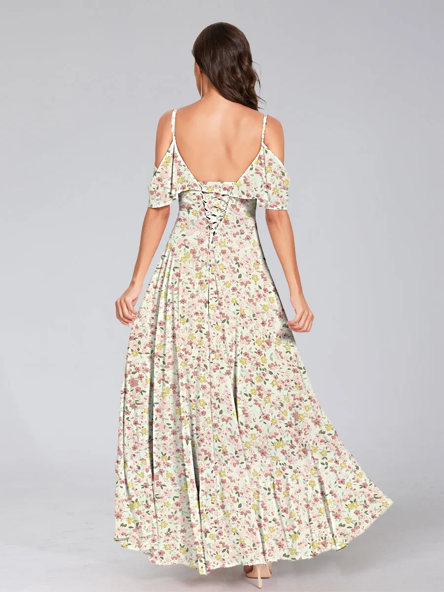 A-Line/Princess Cold Shoulder Short Sleeves Ruffles Floral Bridesmaid Dresses sold by Lavetir product image thumbnail 2