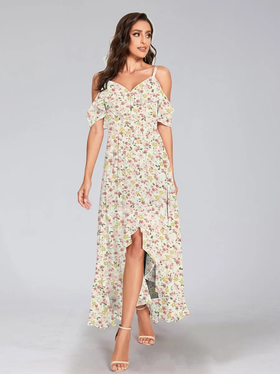 A-Line/Princess Cold Shoulder Short Sleeves Ruffles Floral Bridesmaid Dresses sold by Lavetir