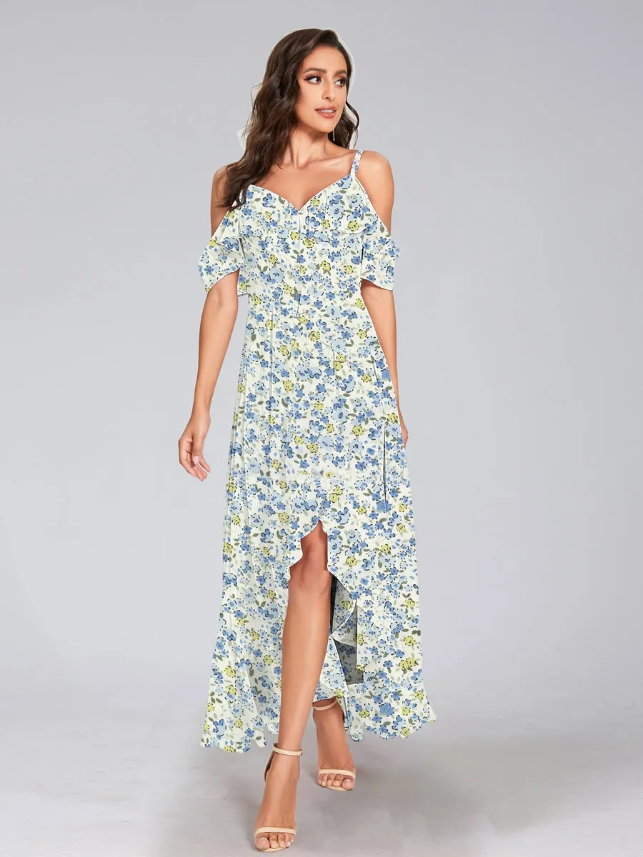 A-Line/Princess Cold Shoulder Short Sleeves Ruffles Floral Bridesmaid Dresses sold by Lavetir product image thumbnail 3