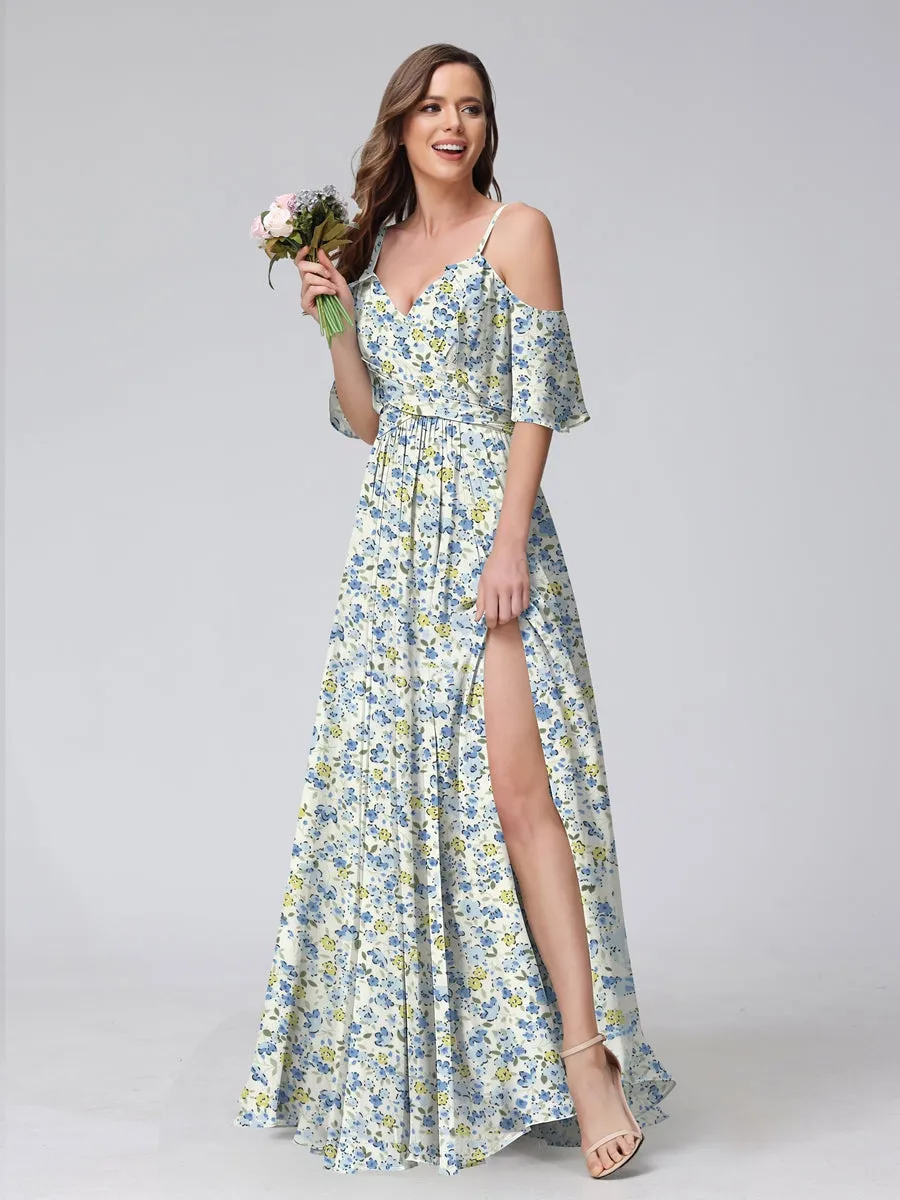 A-Line/Princess Cold Shoulder Short Sleeves Ruched Floral Bridesmaid Dresses sold by Lavetir product image thumbnail 5