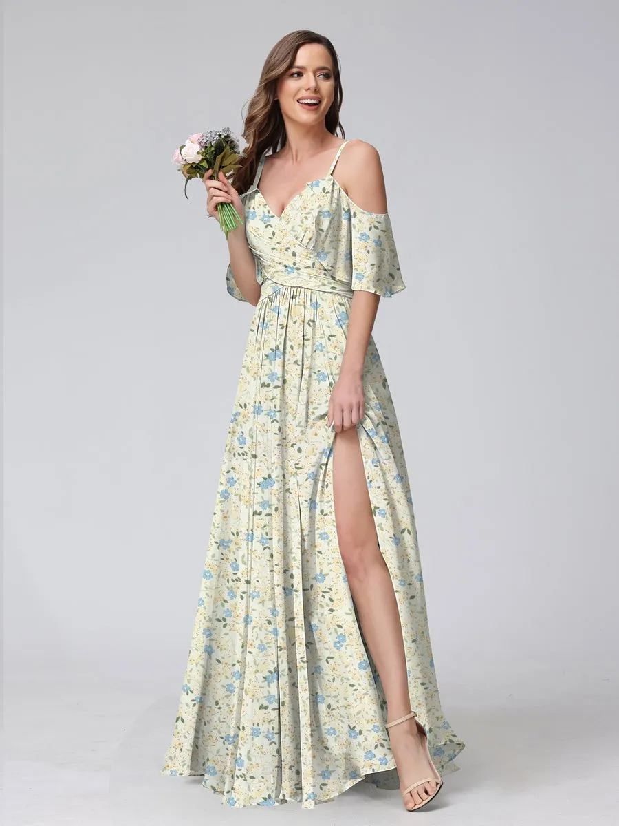 A-Line/Princess Cold Shoulder Short Sleeves Ruched Floral Bridesmaid Dresses sold by Lavetir