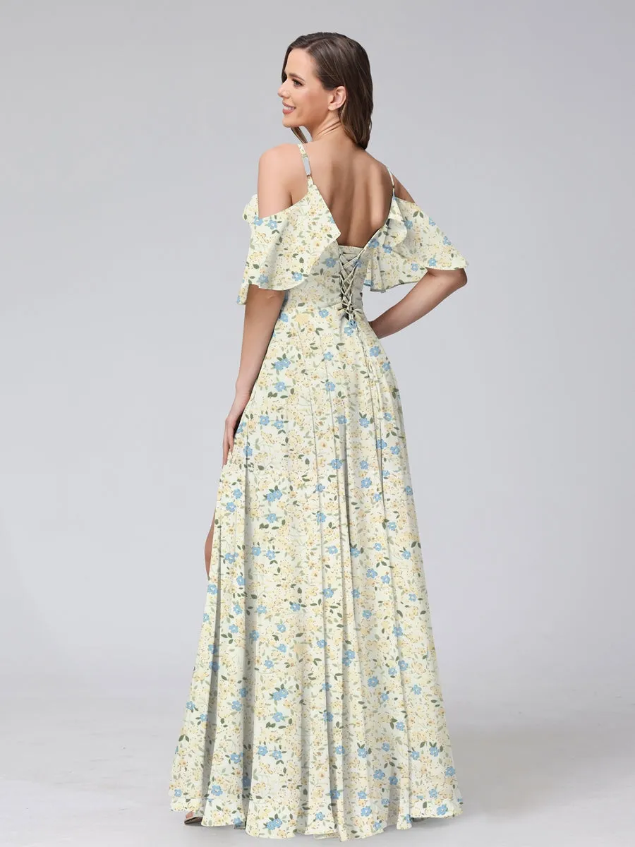 A-Line/Princess Cold Shoulder Short Sleeves Ruched Floral Bridesmaid Dresses sold by Lavetir product image thumbnail 2