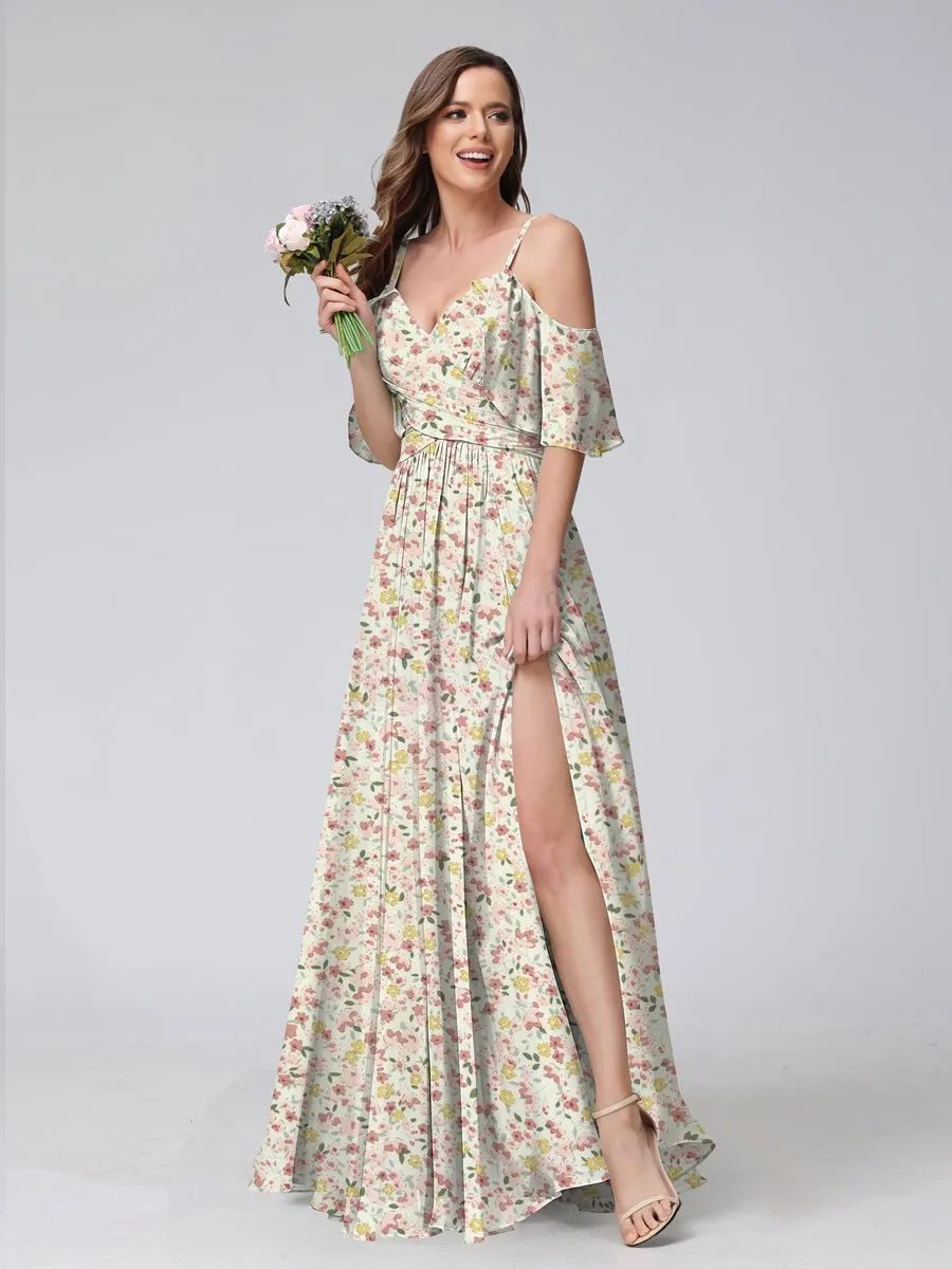 A-Line/Princess Cold Shoulder Short Sleeves Ruched Floral Bridesmaid Dresses sold by Lavetir product image thumbnail 3