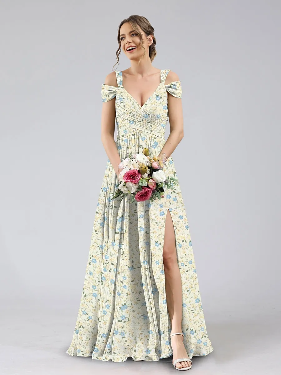 A-Line/Princess Cold Shoulder Short Sleeves Split Side Floral Bridesmaid Dresses sold by Lavetir product image thumbnail 3