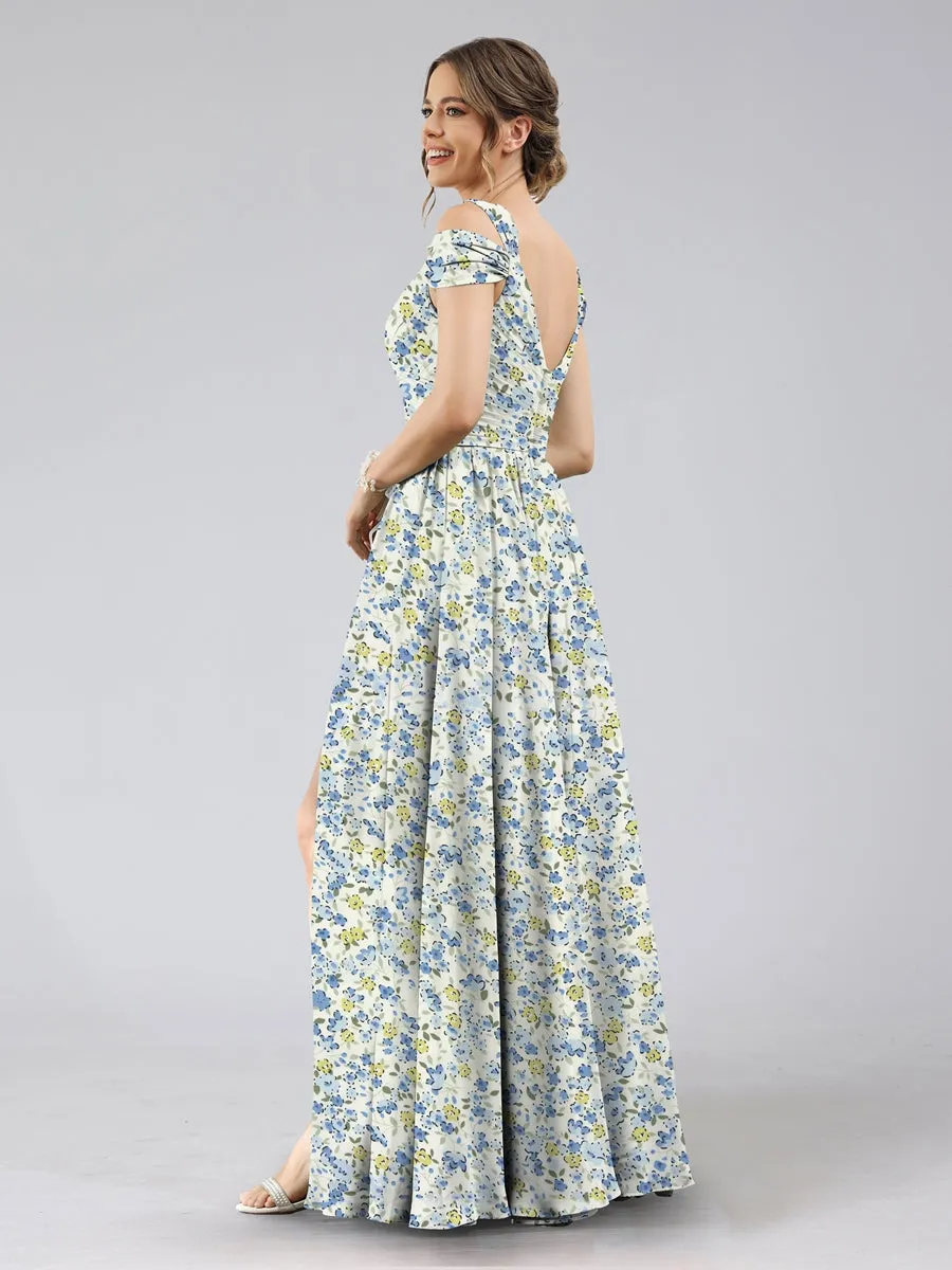 A-Line/Princess Cold Shoulder Short Sleeves Split Side Floral Bridesmaid Dresses sold by Lavetir product image thumbnail 2