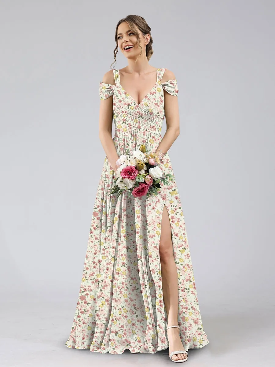 A-Line/Princess Cold Shoulder Short Sleeves Split Side Floral Bridesmaid Dresses sold by Lavetir product image thumbnail 4