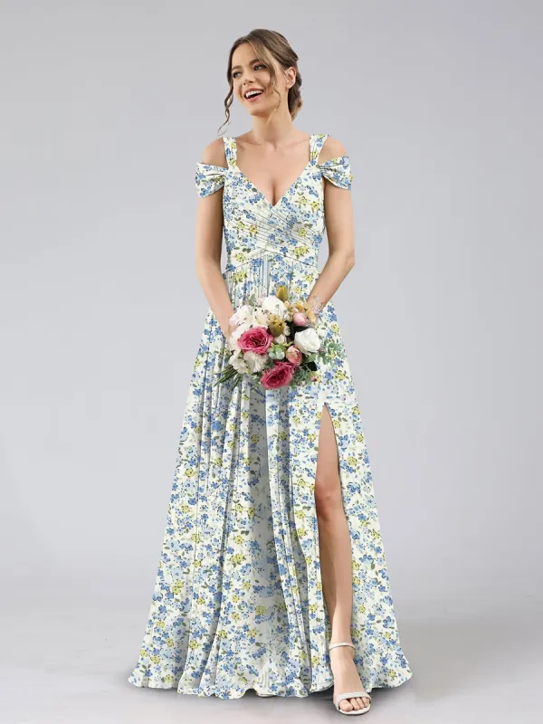 A-Line/Princess Cold Shoulder Short Sleeves Split Side	Floral Bridesmaid Dresses sold by Lavetir