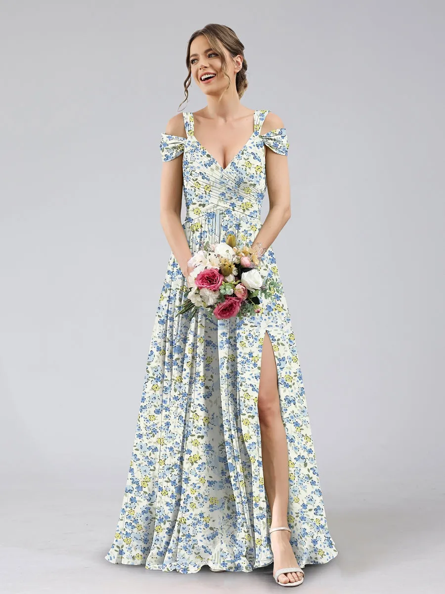 A-Line/Princess Cold Shoulder Short Sleeves Split Side Floral Bridesmaid Dresses sold by Lavetir