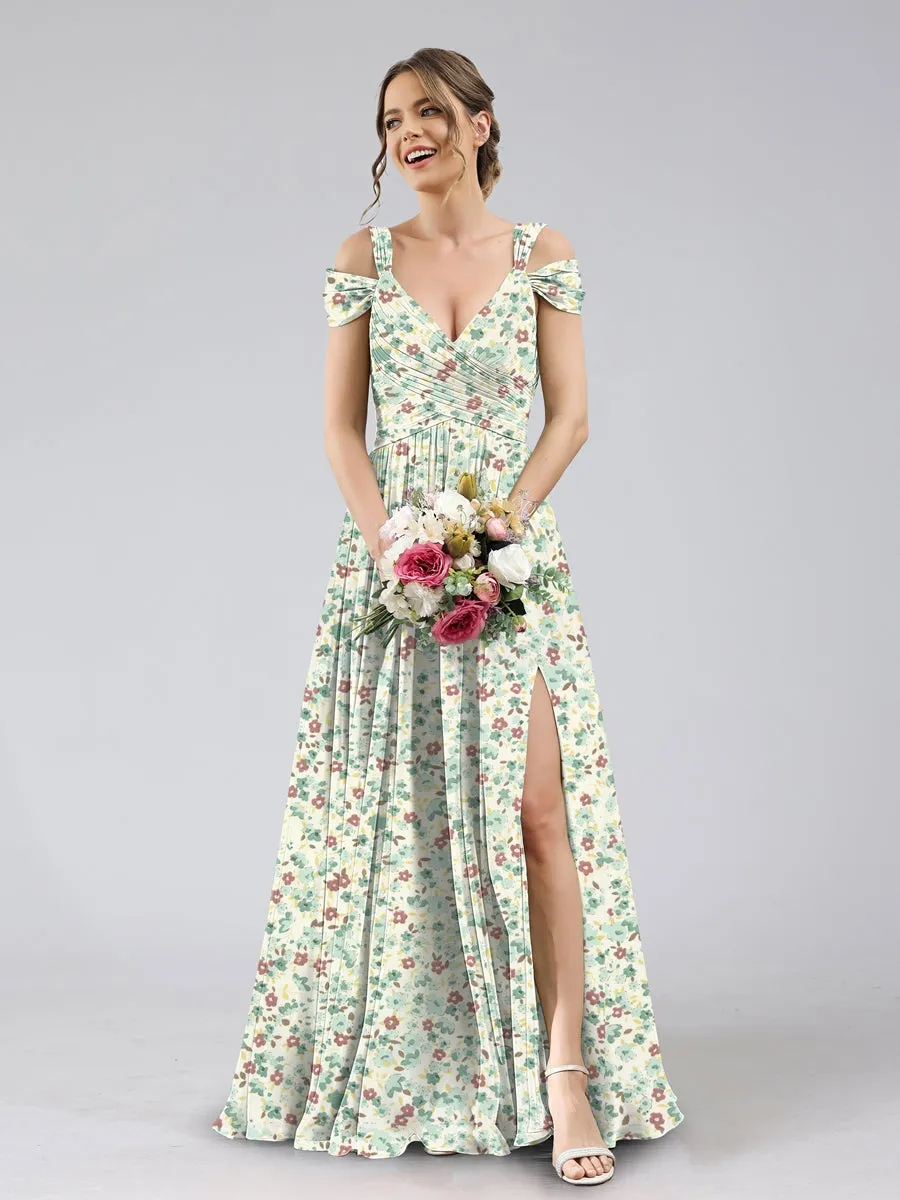 A-Line/Princess Cold Shoulder Short Sleeves Split Side Floral Bridesmaid Dresses sold by Lavetir product image thumbnail 5