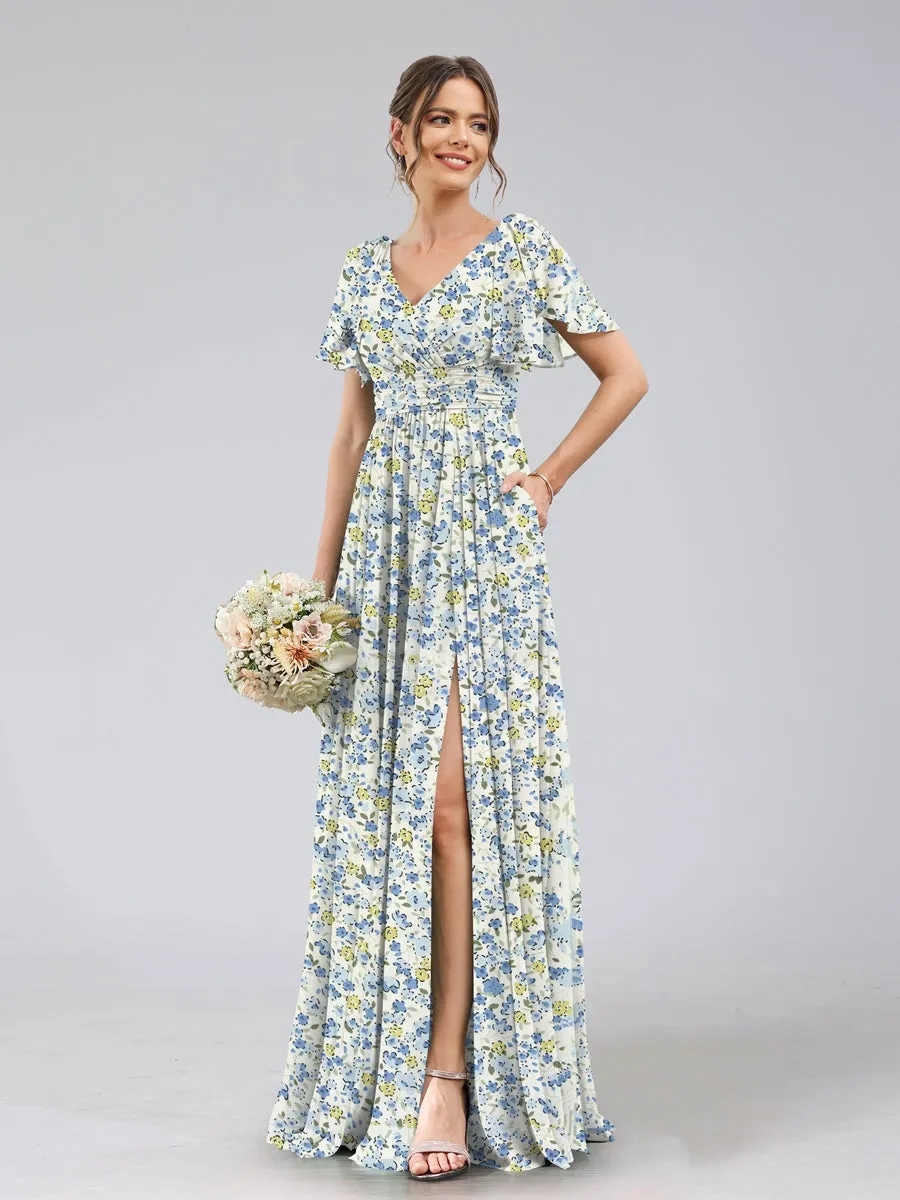 A-Line/Princess V-Neck Short Sleeves Split Side Floral Bridesmaid Dresses sold by Lavetir product image thumbnail 3