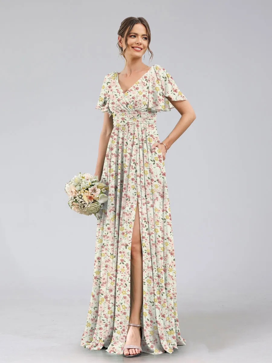 A-Line/Princess V-Neck Short Sleeves Split Side Floral Bridesmaid Dresses sold by Lavetir product image thumbnail 5