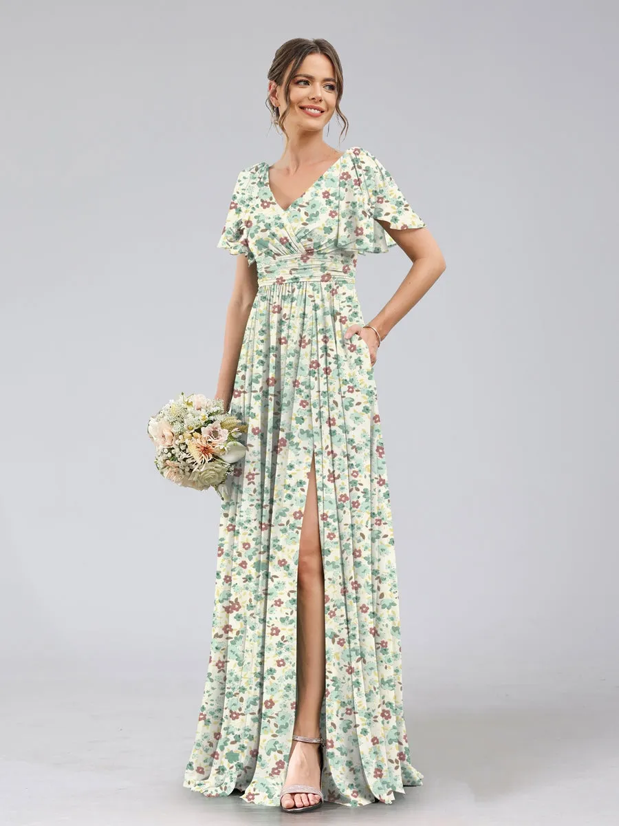 A-Line/Princess V-Neck Short Sleeves Split Side Floral Bridesmaid Dresses sold by Lavetir