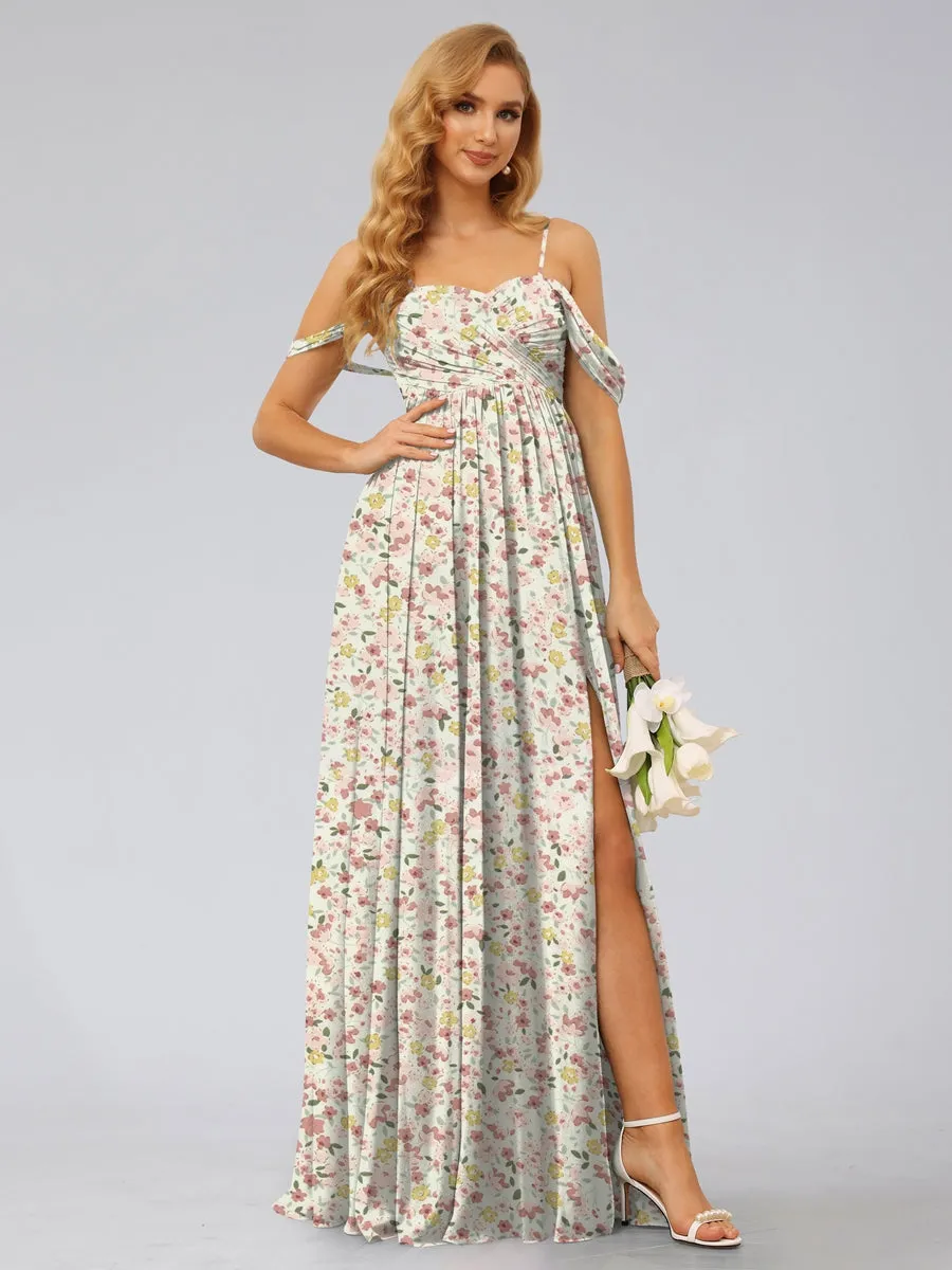 A-Line/Princess Cold Shoulder Sleeveless Split Side Floral Bridesmaid Dresses sold by Lavetir