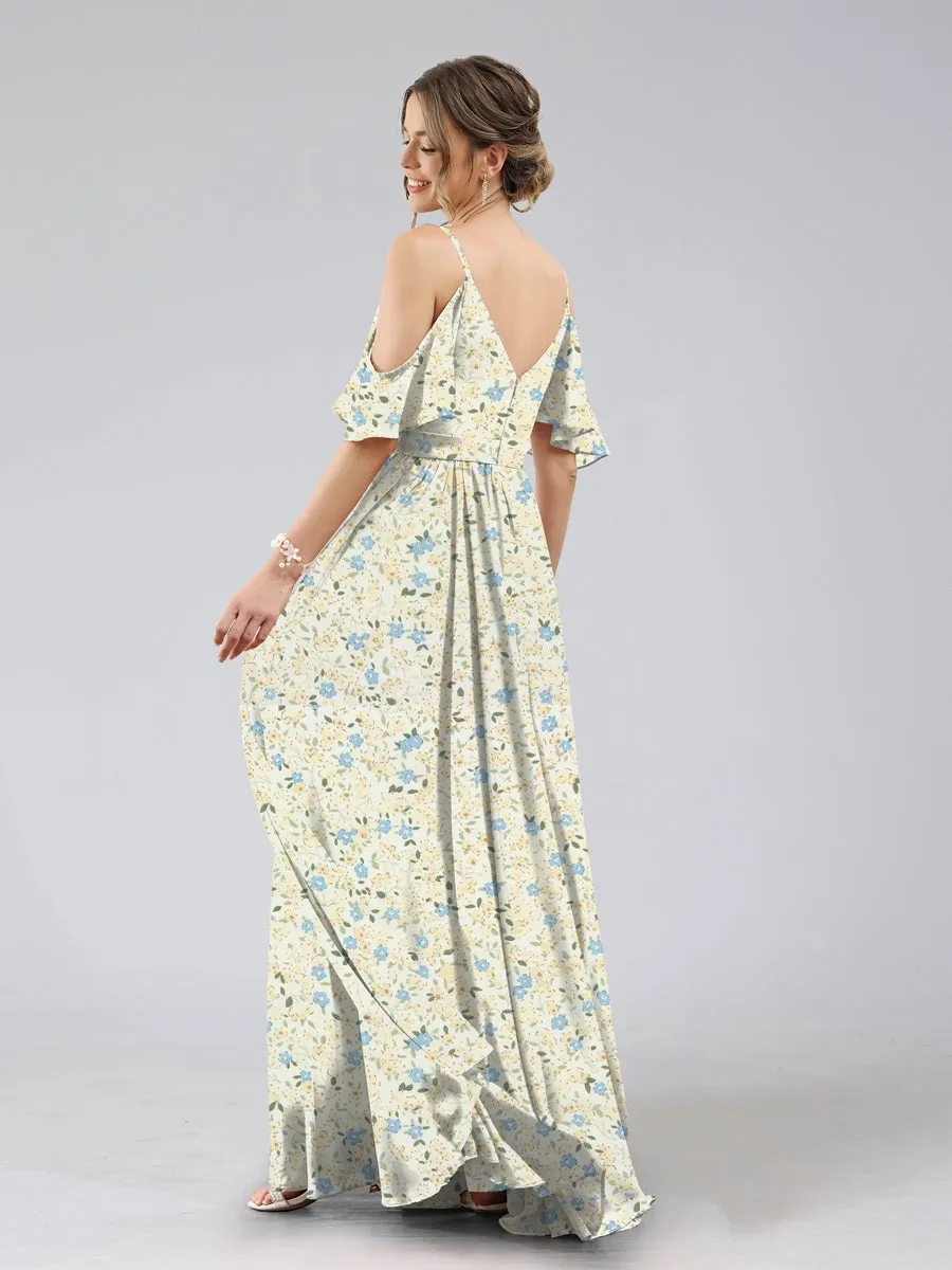 A-Line/Princess Cold Shoulder Short Sleeves Ruched Floral Bridesmaid Dresses sold by Lavetir product image thumbnail 2