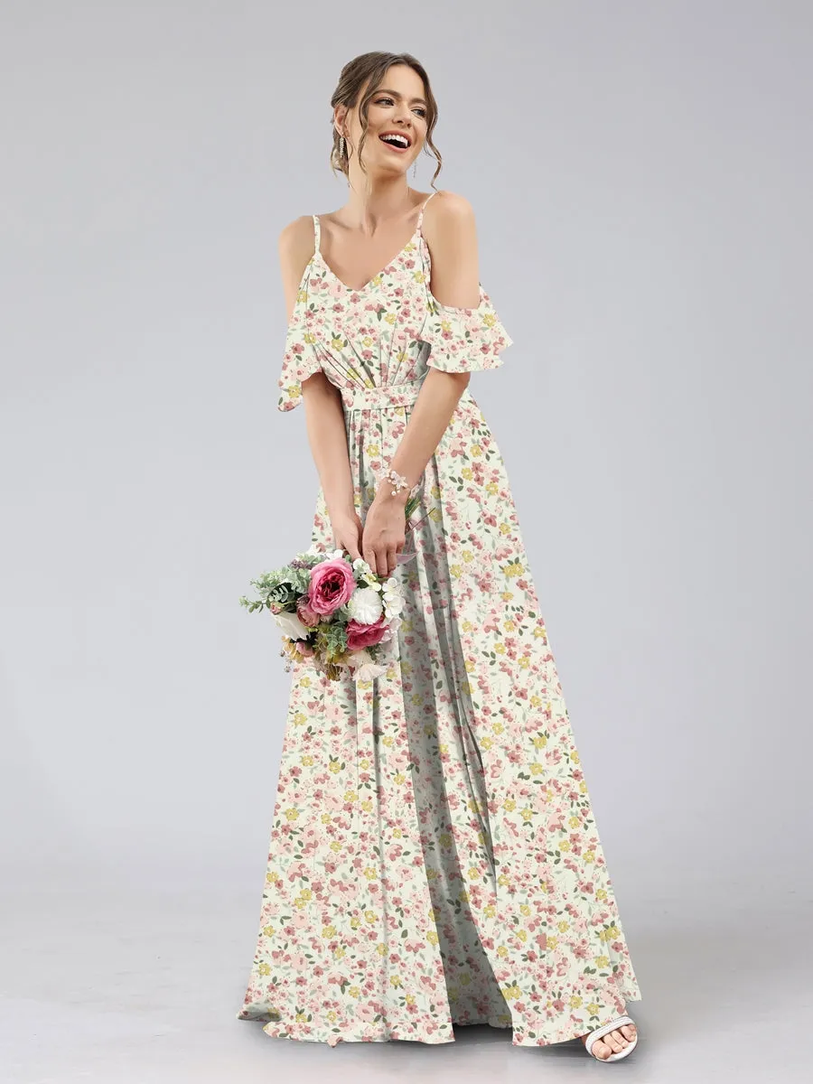 A-Line/Princess Cold Shoulder Short Sleeves Ruched Floral Bridesmaid Dresses sold by Lavetir product image thumbnail 3