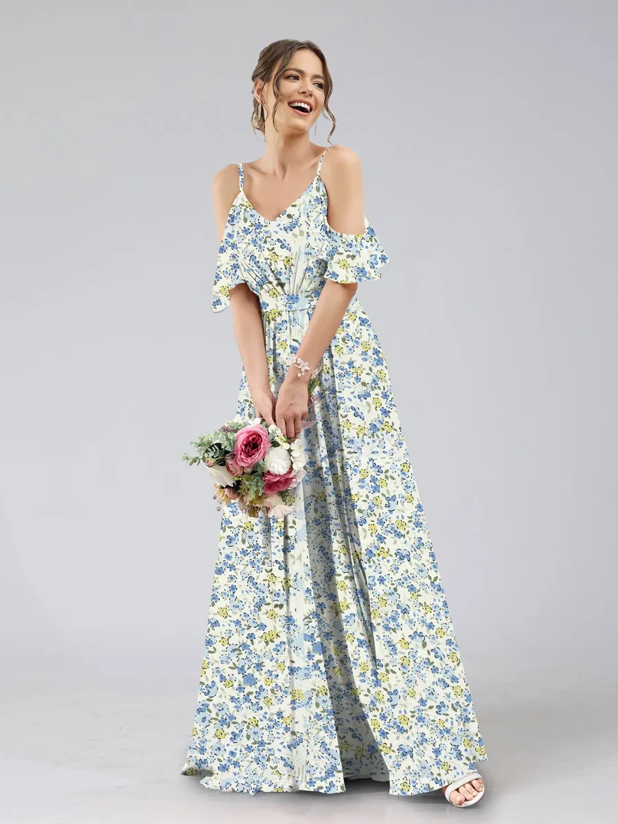 A-Line/Princess Cold Shoulder Short Sleeves Ruched Floral Bridesmaid Dresses sold by Lavetir product image thumbnail 5