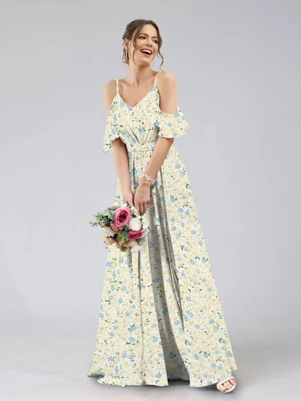 A-Line/Princess Cold Shoulder Short Sleeves Ruched Floral Bridesmaid Dresses sold by Lavetir