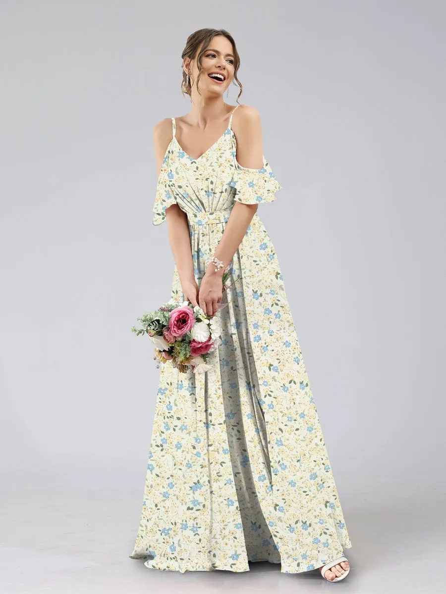 A-Line/Princess Cold Shoulder Short Sleeves Ruched Floral Bridesmaid Dresses sold by Lavetir