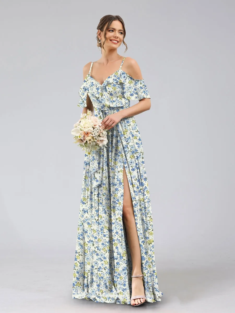 A-Line/Princess Cold Shoulder Short Sleeves Belt Floral Bridesmaid Dresses sold by Lavetir