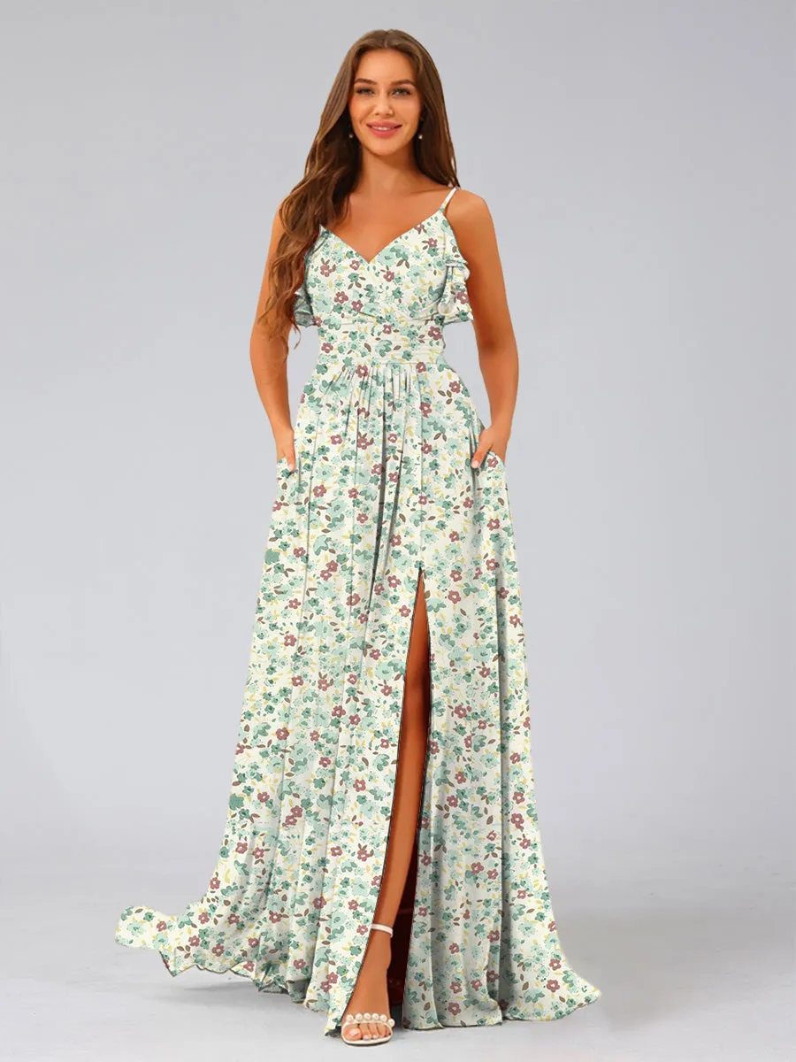 A-Line/Princess V-Neck Sleeveless Ruffles Floral Bridesmaid Dresses sold by Lavetir