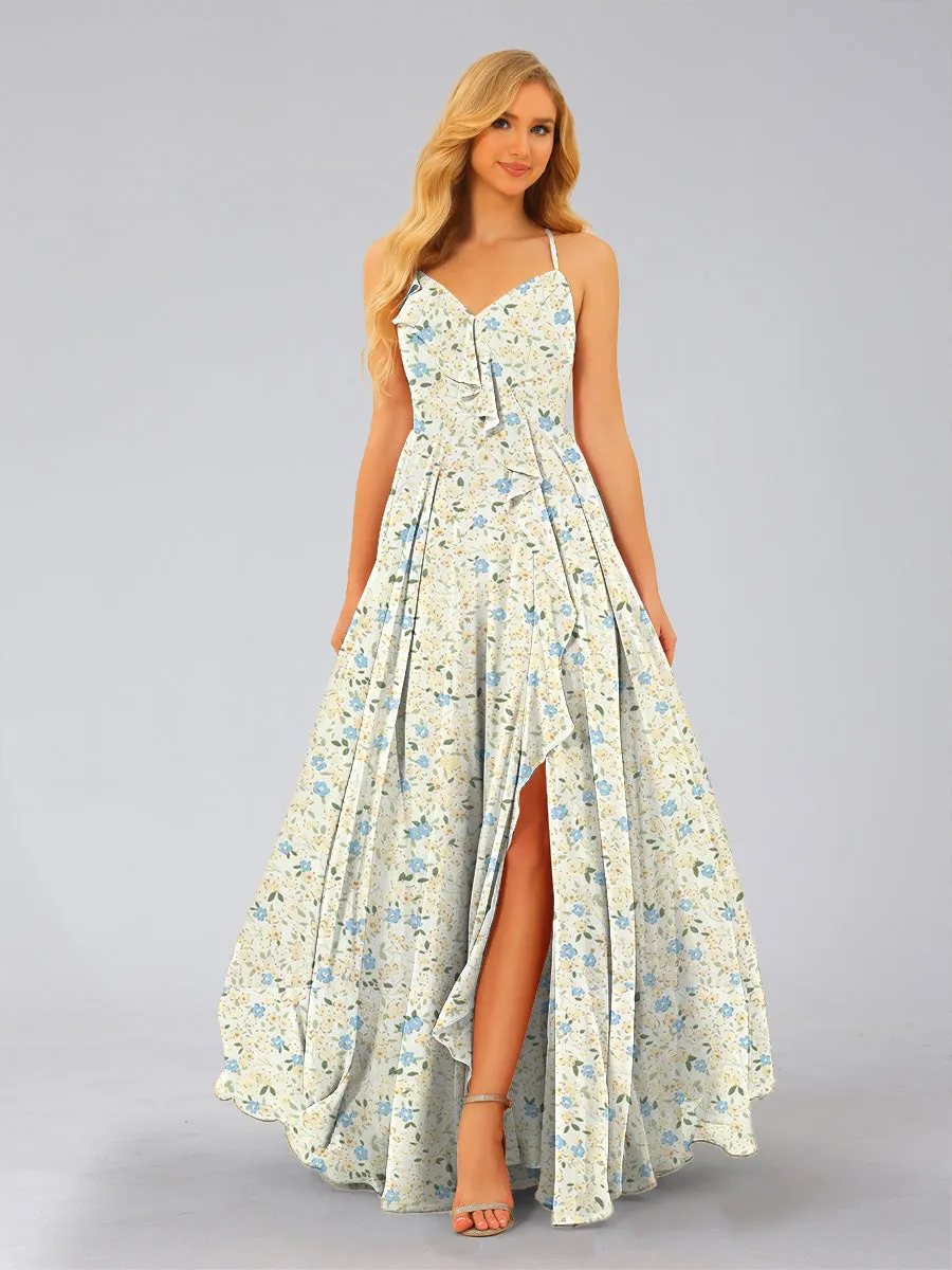 A-Line/Princess V-Neck Sleeveless Split Side Floral Bridesmaid Dresses sold by Lavetir