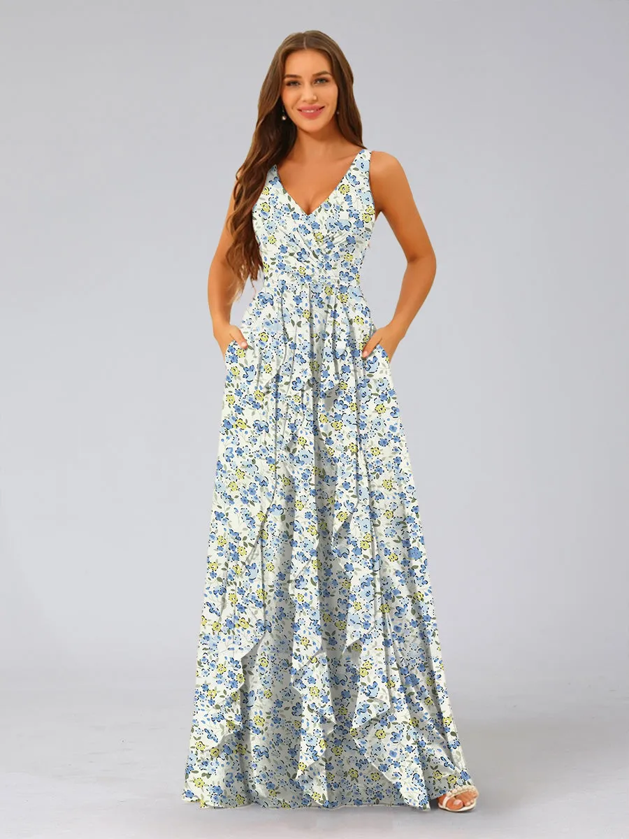 A-Line/Princess V-Neck Sleeveless Ruffles Floral Bridesmaid Dresses sold by Lavetir