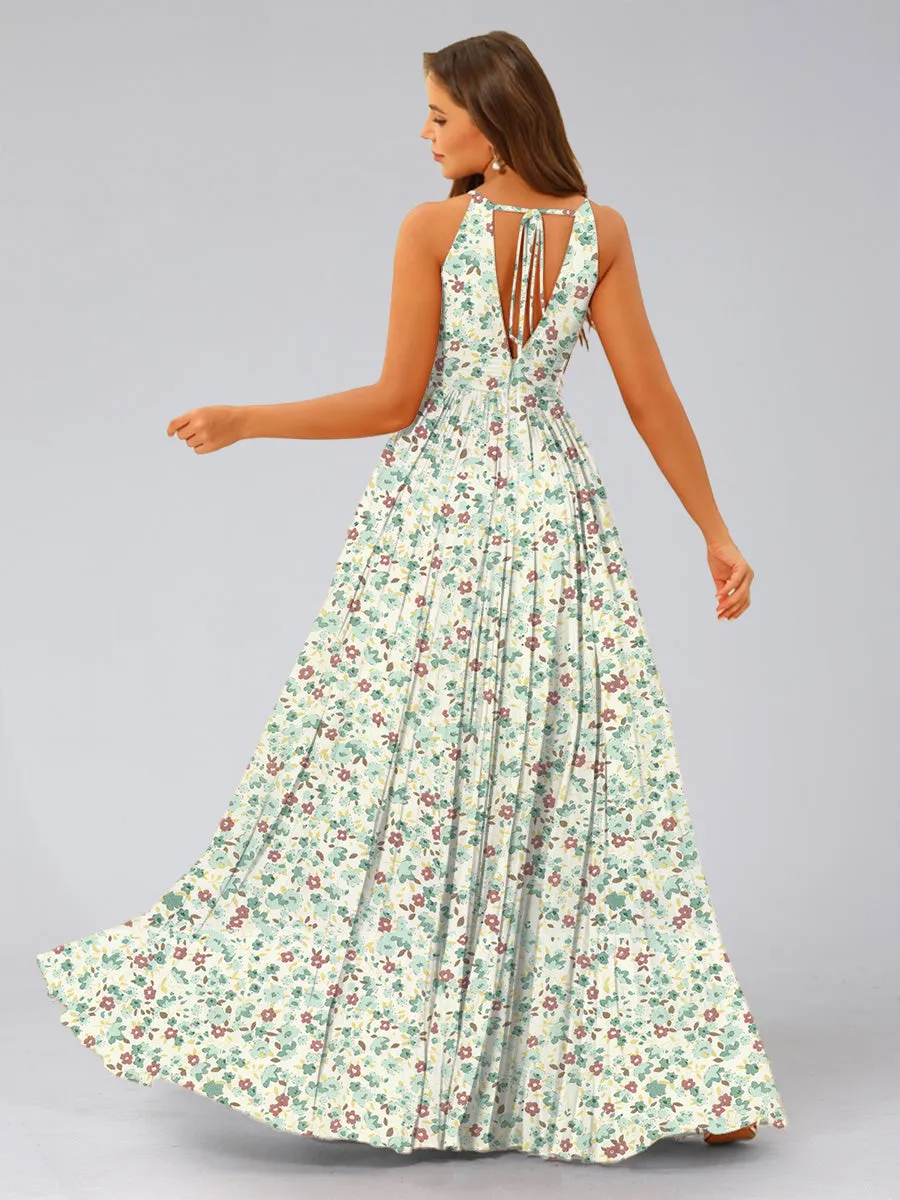 A-Line/Princess Halter Sleeveless Ruched Floral Bridesmaid Dresses sold by Lavetir product image thumbnail 2