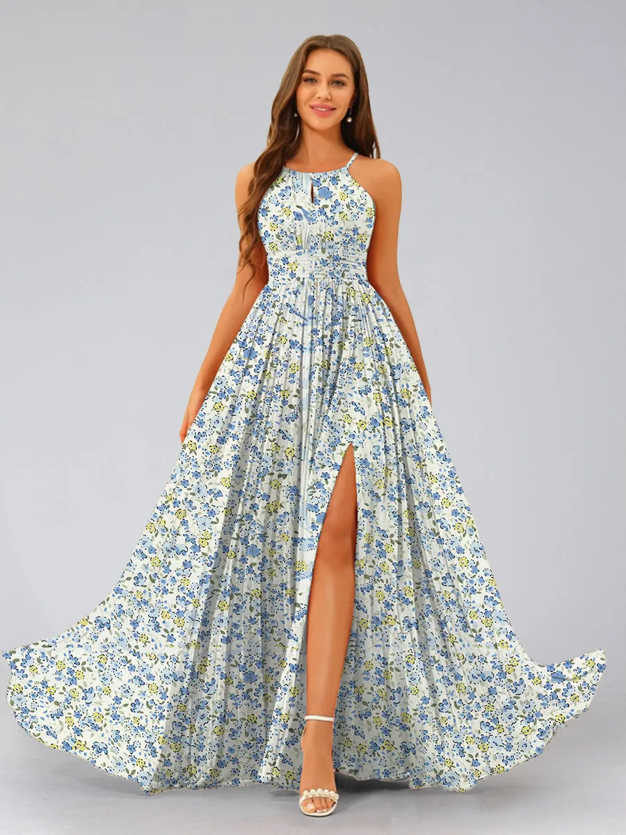 A-Line/Princess Halter Sleeveless Ruched Floral Bridesmaid Dresses sold by Lavetir product image thumbnail 3