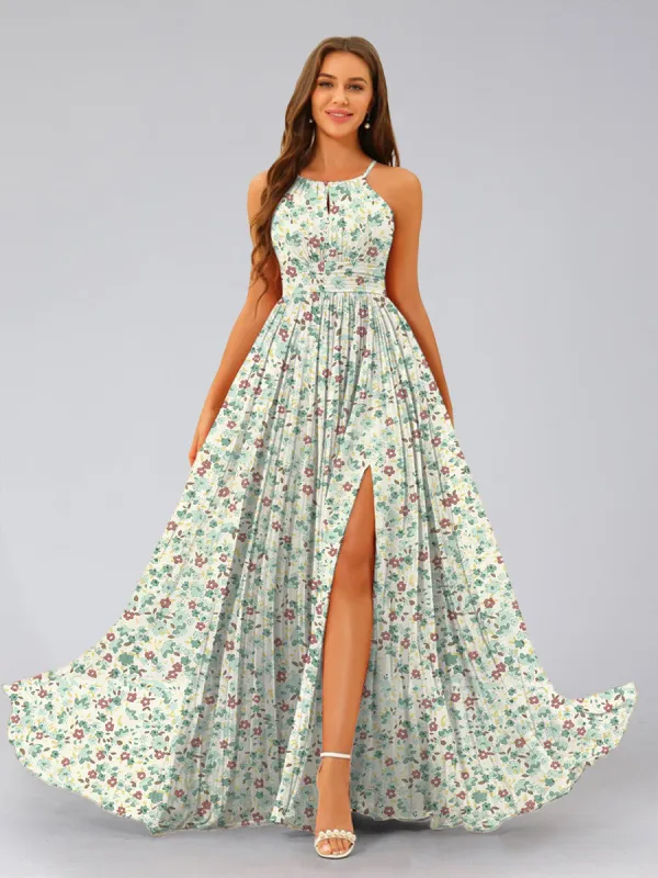 A-Line/Princess Halter Sleeveless Ruched Floral Bridesmaid Dresses sold by Lavetir