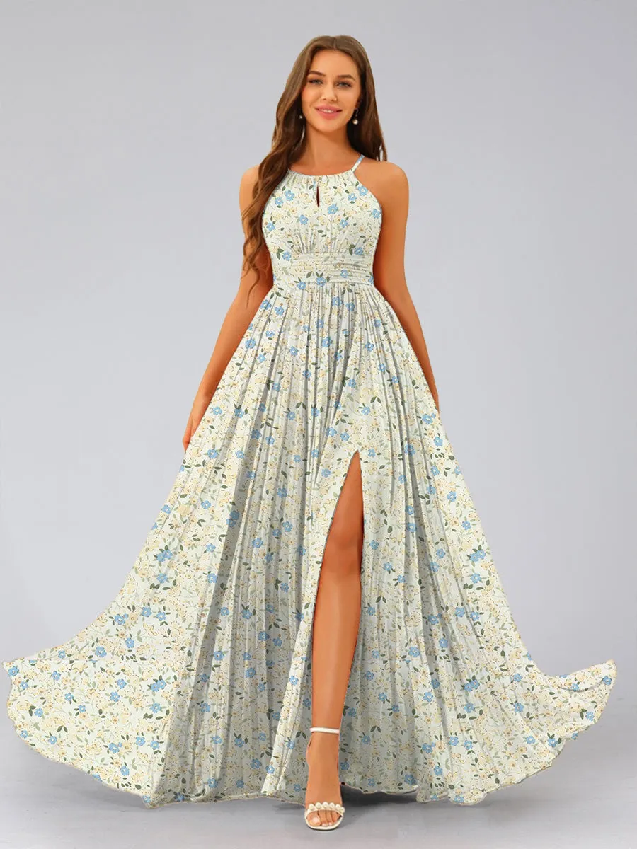 A-Line/Princess Halter Sleeveless Ruched Floral Bridesmaid Dresses sold by Lavetir product image thumbnail 4