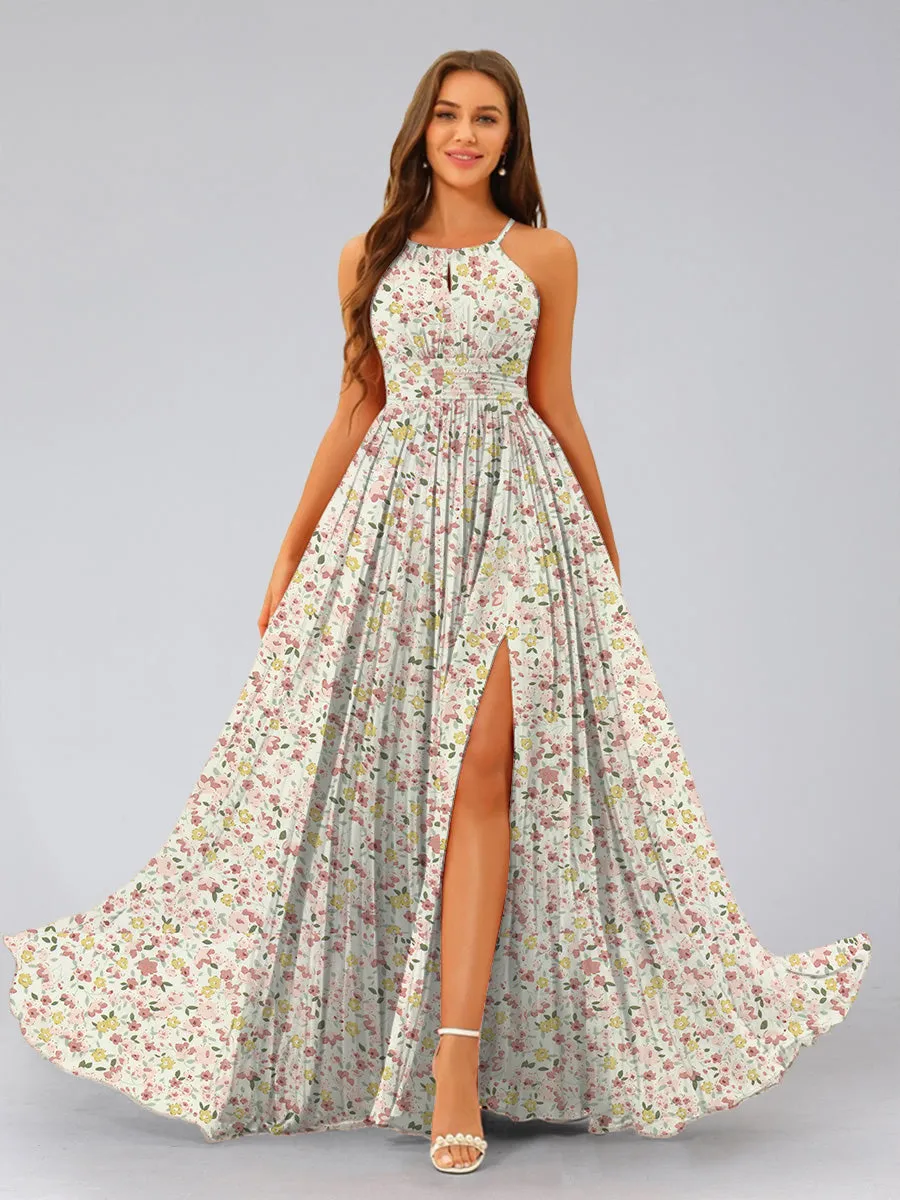 A-Line/Princess Halter Sleeveless Ruched Floral Bridesmaid Dresses sold by Lavetir product image thumbnail 5