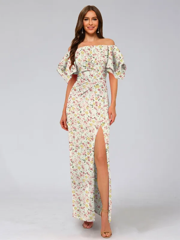 Sheath/Column Off-the-Shoulder Half Sleeves Ruched Floral Bridesmaid Dresses sold by Lavetir