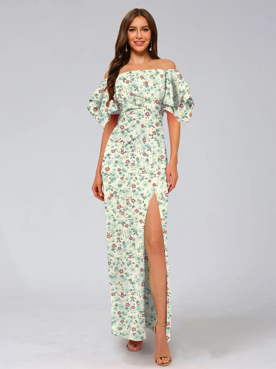Sheath/Column Off-the-Shoulder Half Sleeves Ruched Floral Bridesmaid Dresses sold by Lavetir product image thumbnail 3