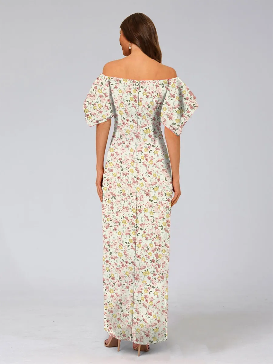Sheath/Column Off-the-Shoulder Half Sleeves Ruched Floral Bridesmaid Dresses sold by Lavetir product image thumbnail 2