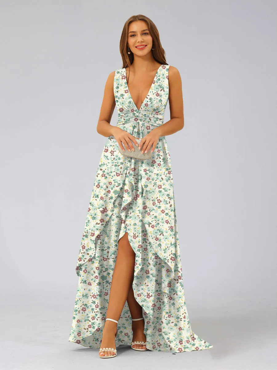 A-Line/Princess Plunging V-Neck Sleeveless Tiered Floral Bridesmaid Dresses sold by Lavetir product image thumbnail 5