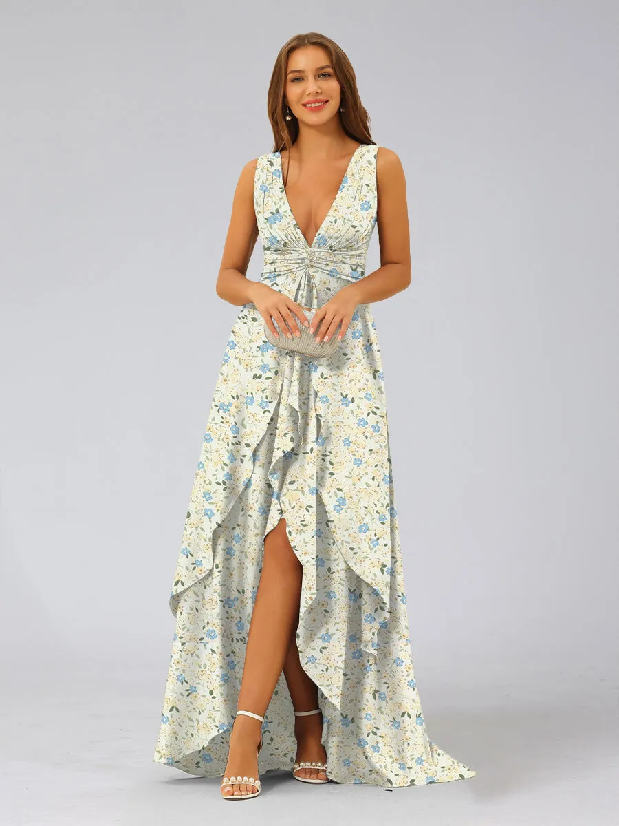 A-Line/Princess Plunging V-Neck Sleeveless Tiered Floral Bridesmaid Dresses sold by Lavetir