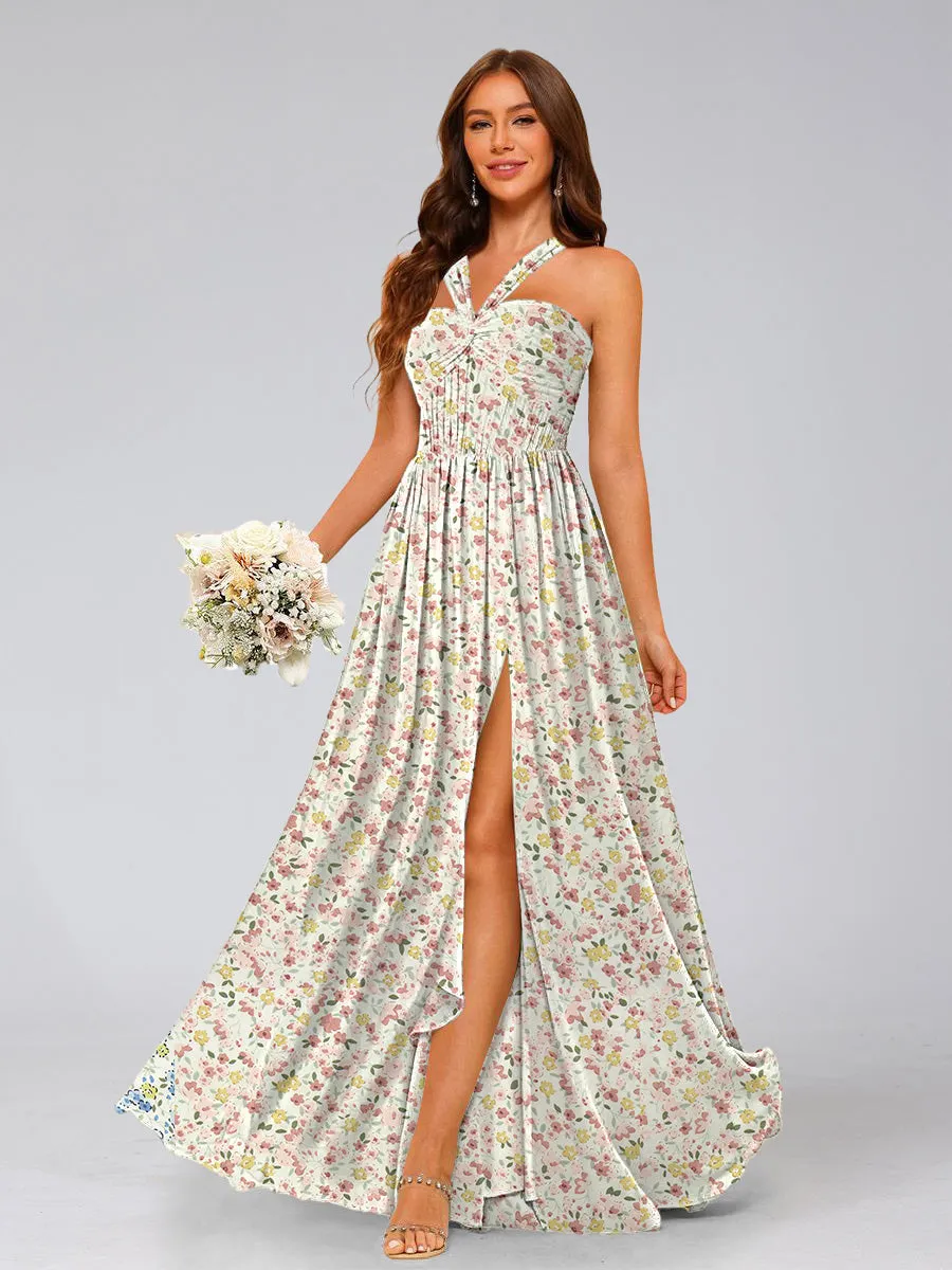 A-Line/Princess Halter Sleeveless Split Side Floral Bridesmaid Dresses sold by Lavetir product image thumbnail 3