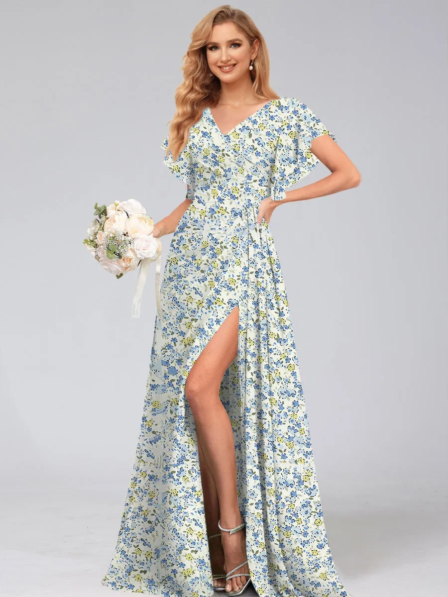 A-Line/Princess V-Neck Short Sleeves Watteau Train Floral Bridesmaid Dresses sold by Lavetir product image thumbnail 5