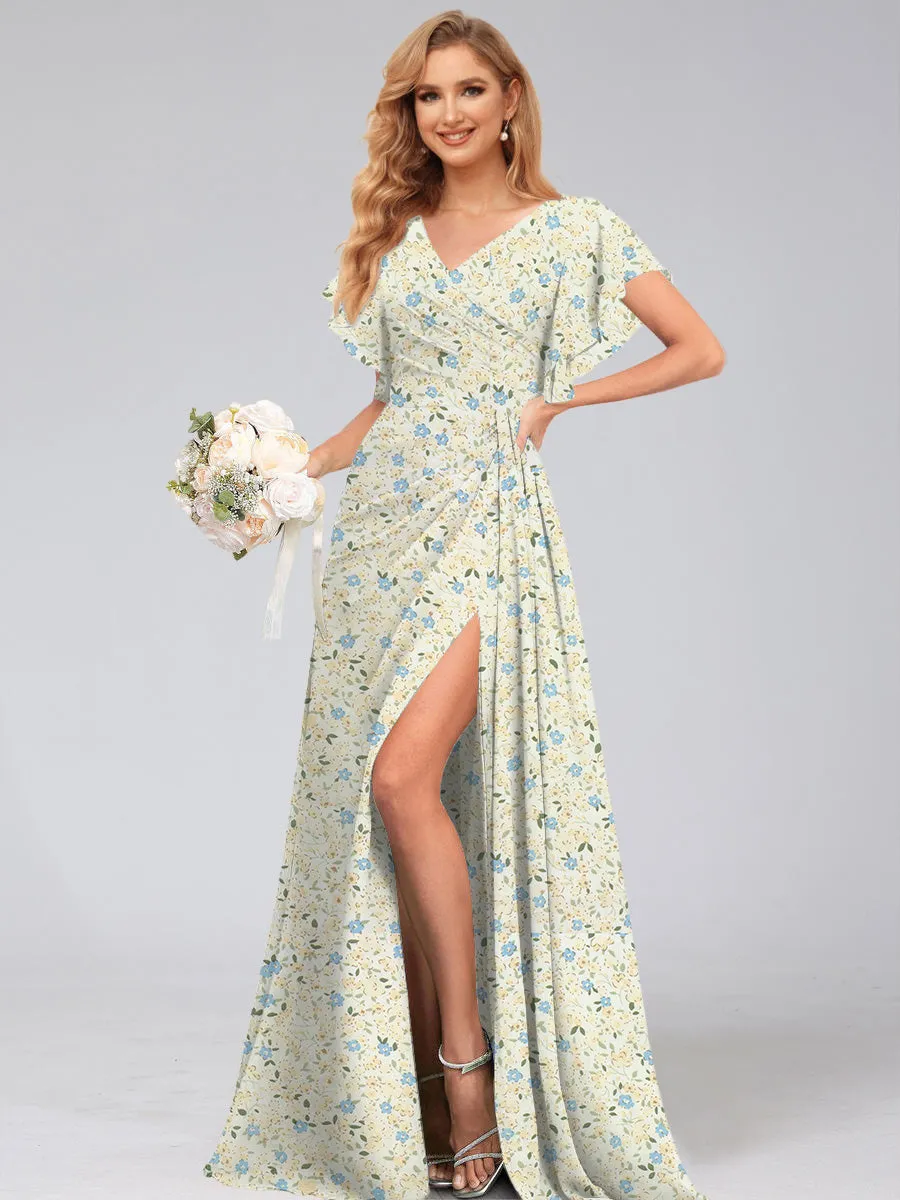 A-Line/Princess V-Neck Short Sleeves Watteau Train Floral Bridesmaid Dresses sold by Lavetir product image thumbnail 4