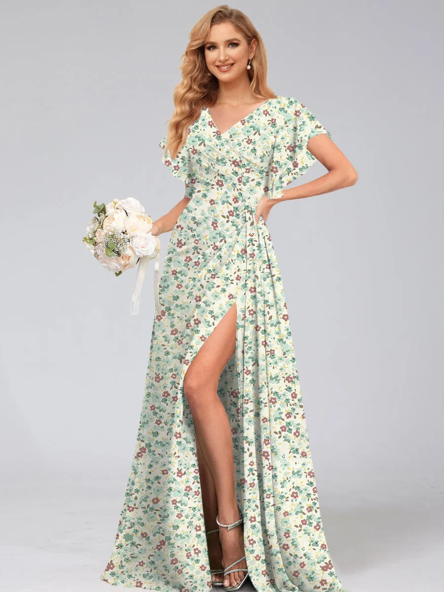 A-Line/Princess V-Neck Short Sleeves Watteau Train Floral Bridesmaid Dresses sold by Lavetir product image thumbnail 3