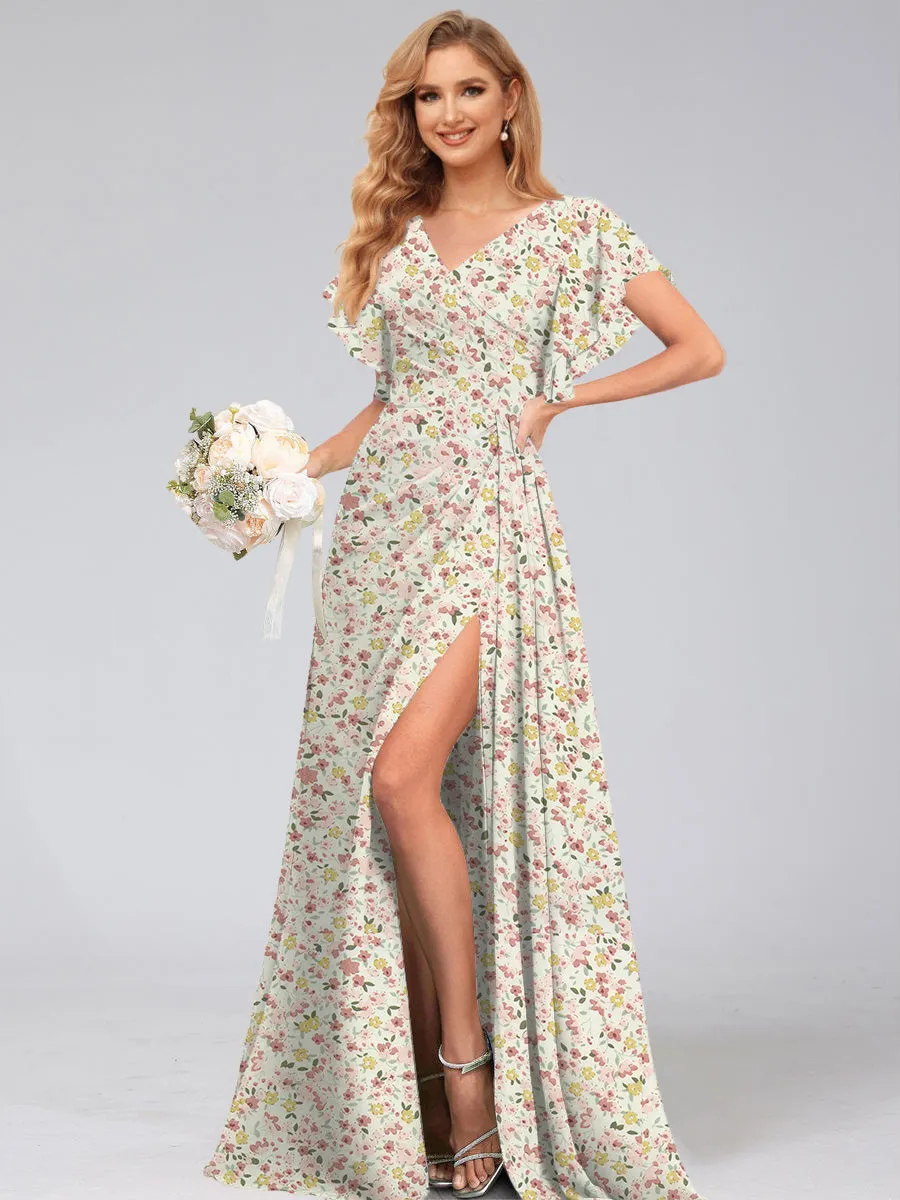 A-Line/Princess V-Neck Short Sleeves Watteau Train Floral Bridesmaid Dresses sold by Lavetir