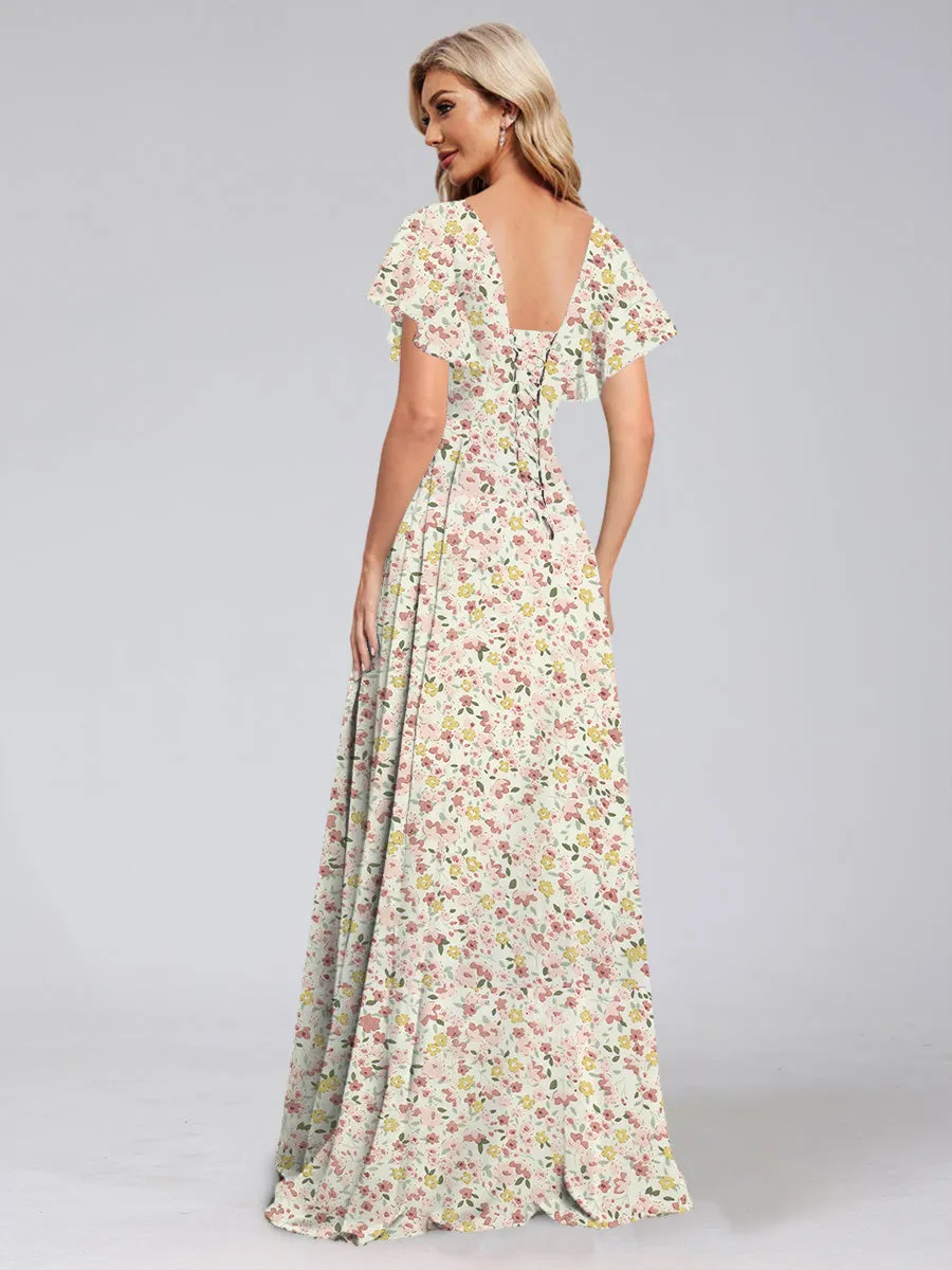 A-Line/Princess V-Neck Short Sleeves Watteau Train Floral Bridesmaid Dresses sold by Lavetir product image thumbnail 2